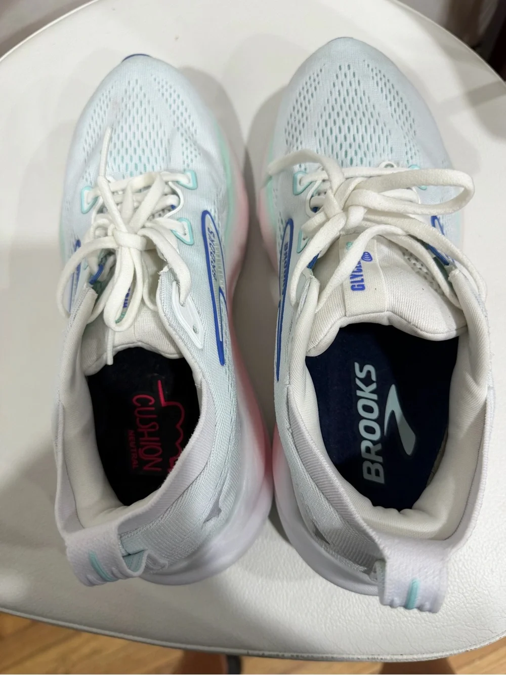 Brooks Women's White Running Shoes with Blue and Mint Accents